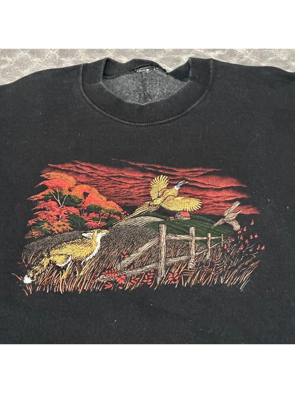 Vintage Crewneck Sweatshirt Large L Black USA Pheasant Fox Embroidered 90s VTG - Picture 2 of 5